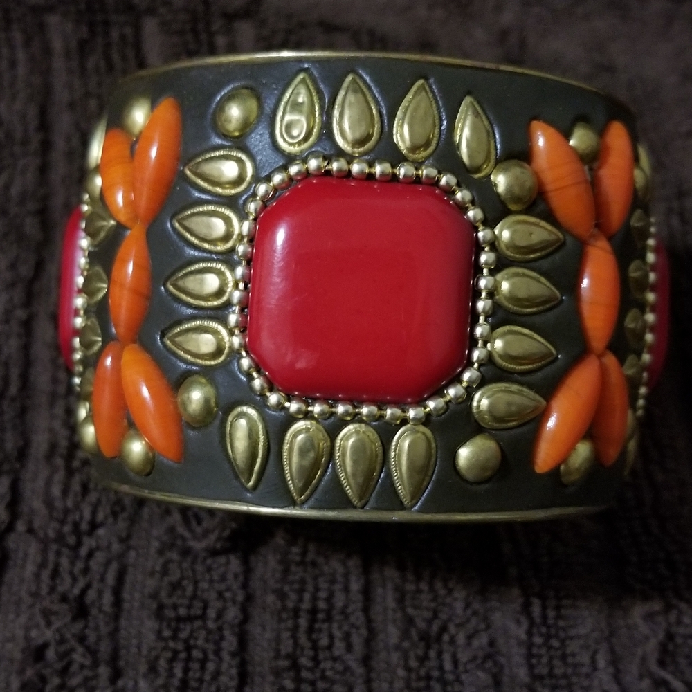Retro Bohemian Bangle Wide Orange Red Gold Mixed Jewels Women's.